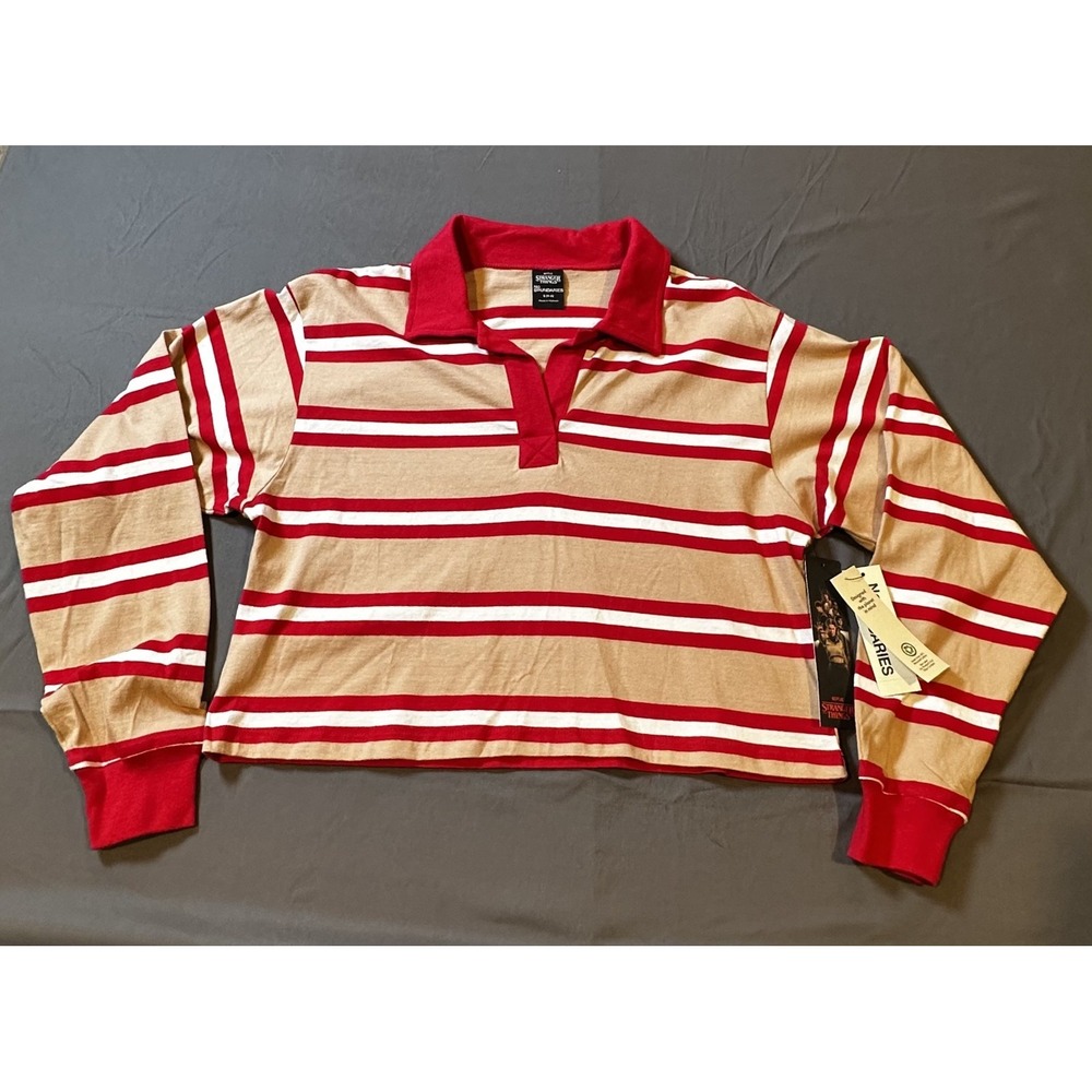 Stranger Things x No Boundaries Cropped Rugby Polo‎ Tan Red Striped Shirt Small
